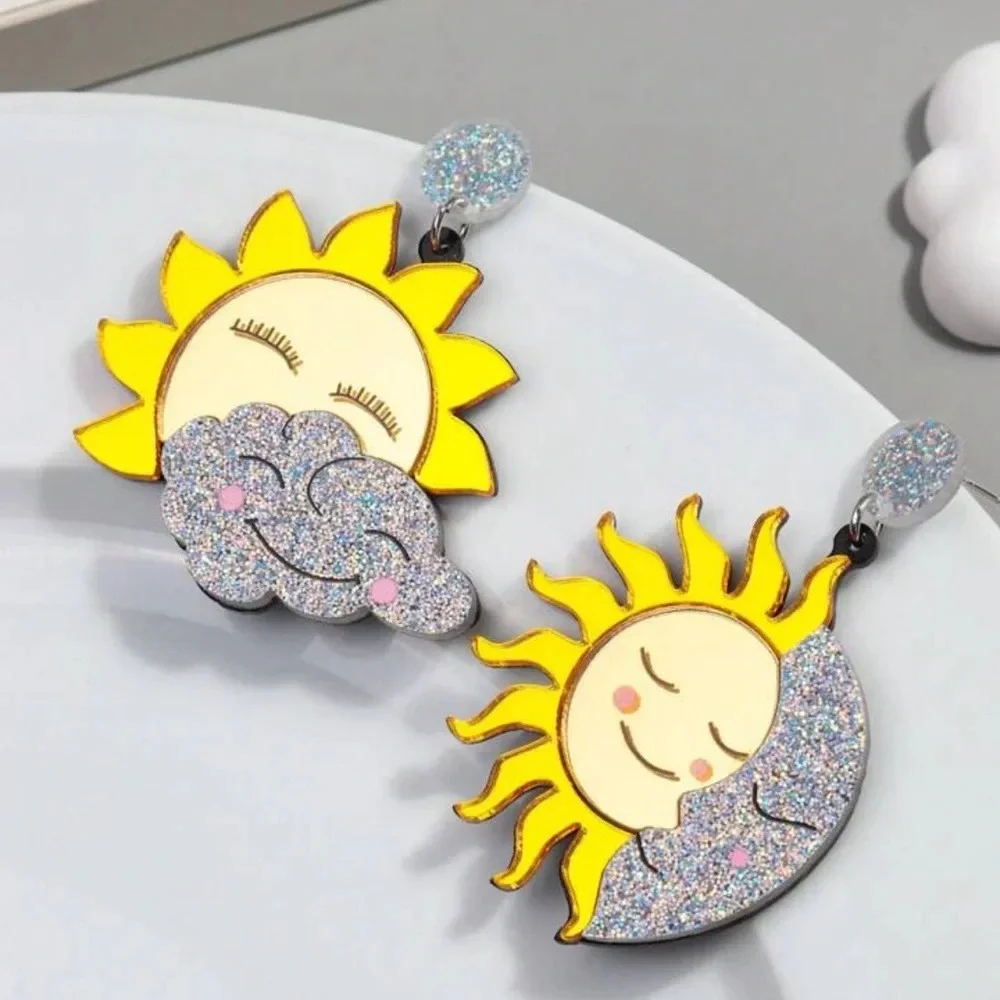 2/$30🌵 Sun & Moon Earrings Mirrored Acrylic Large Pop Art Celestial Glitter NEW